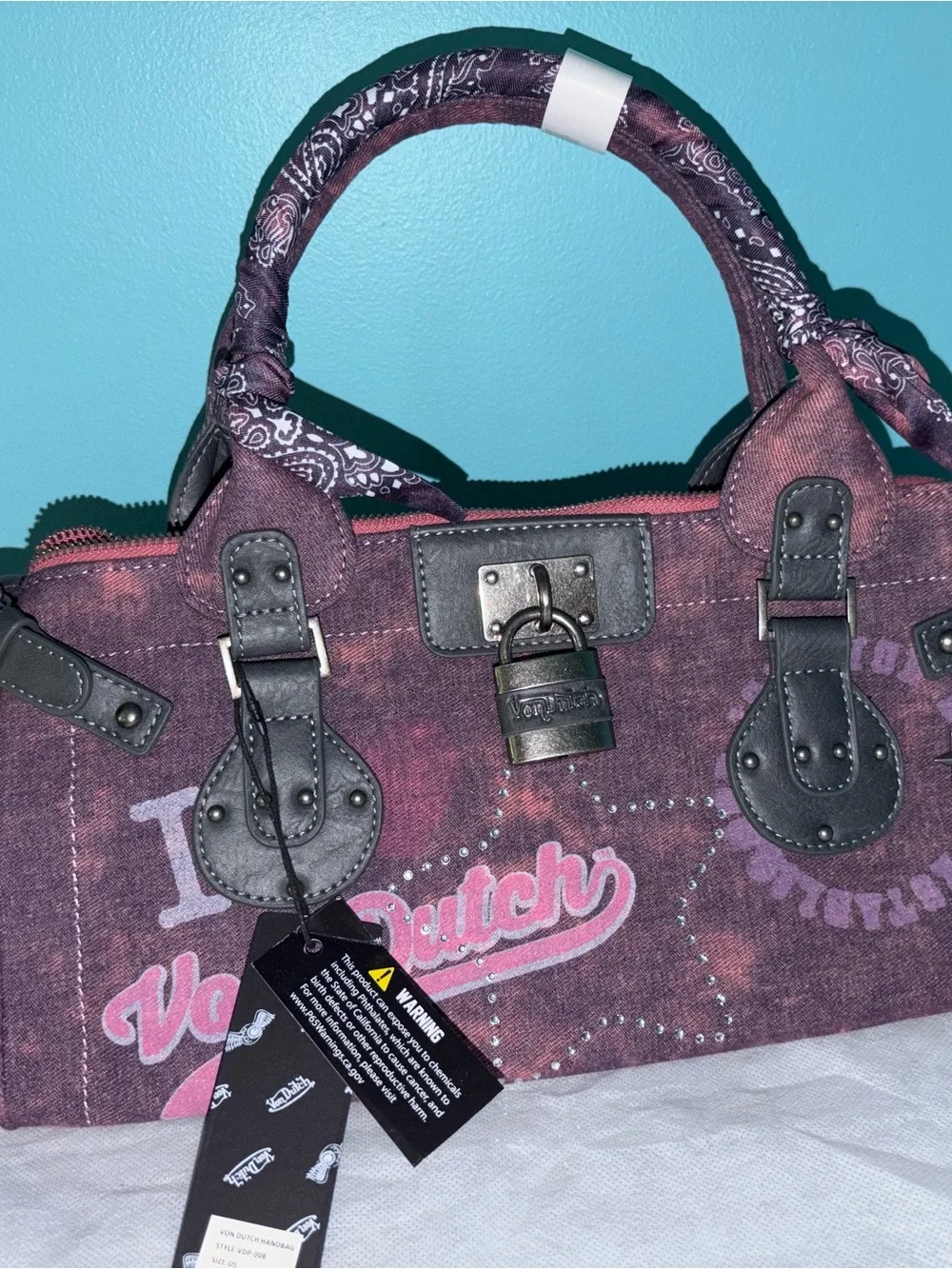 Von Dutch Bree Purple Pink Handbag with Lock, Twilly, and Pins NWT